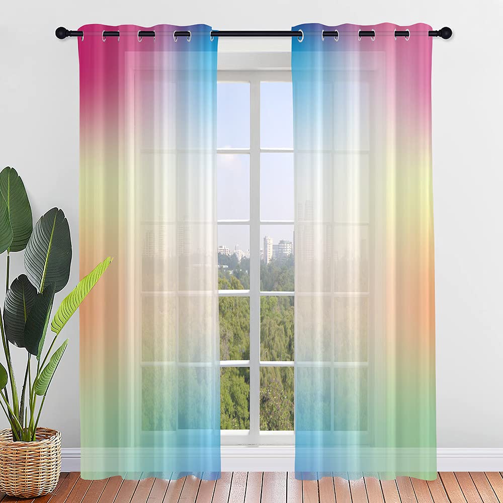 Hiseng Voile Curtains for Bedroom 2 Panels, Sheer Curtains Eyelets Net Translucent Window Screen Gradient Color Tulle Door Drapes for Living Room Home Balcony Decorative (132x160cm,Rose Red)