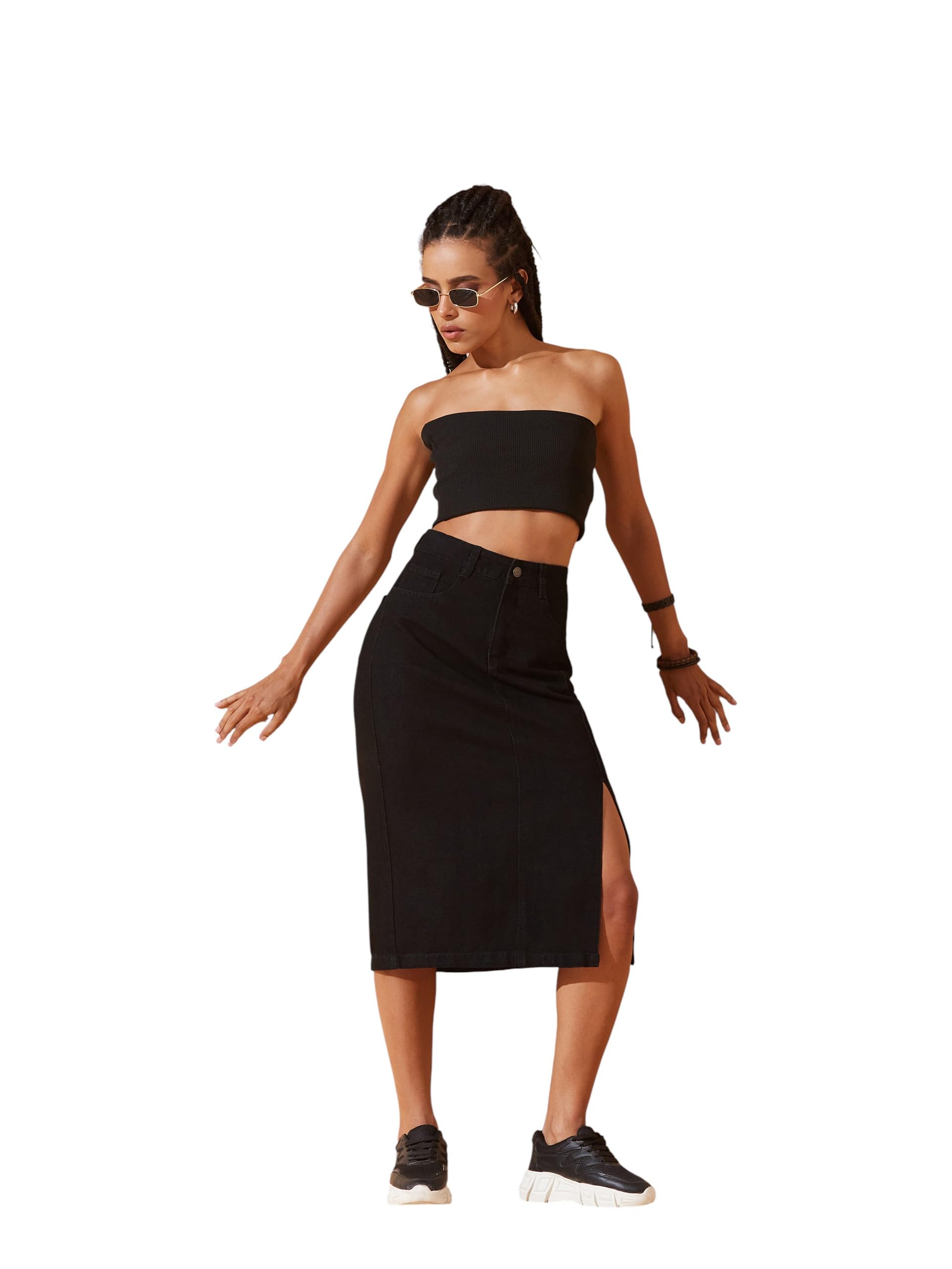 dolce crudo Women's Straight-Fit High-Rise Stretchable Denim Midi Skirt-picture-49