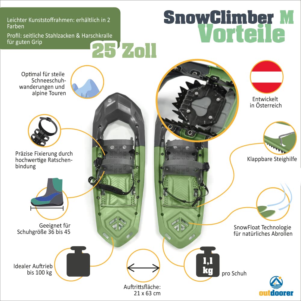 outdoorer Schneeschuhe SnowClimber M – 25 Zoll, Moderns mit Steighilfe und Ratschenbindung, für sportliche Schneeschuhtouren