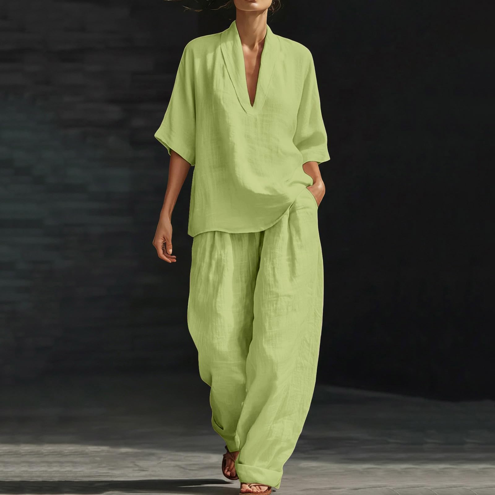 Conjunto Mujer Dos Piezas Verano Casual Elegante Lino Y Algodón Chandal Completo Camisa Y Pantalon Holgado Conjunto Deportivo Cintura Alta Ropa Deportiva Talla Grande Diarios Casa Playa Vacaciones