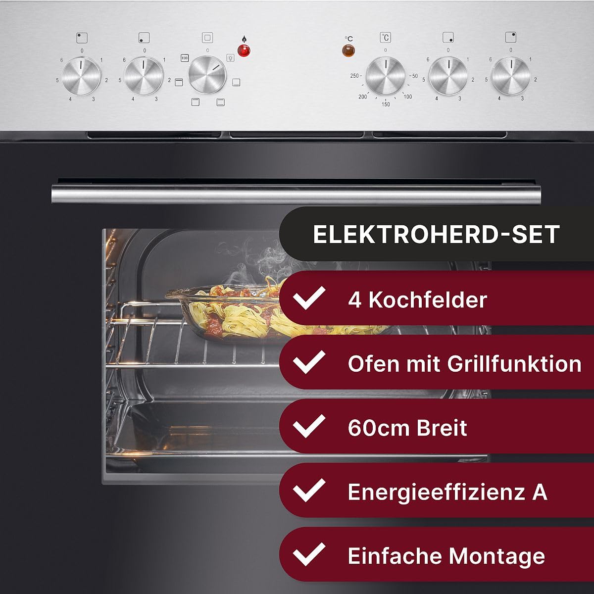 Bomann EHBC 7935 IX Einbaubackofen 61L mit Ceranfeld 60cm 4 Kochfelder Grill Ober-/Unterhitze 50-250°C Glastür 3-Fach verglast Inox