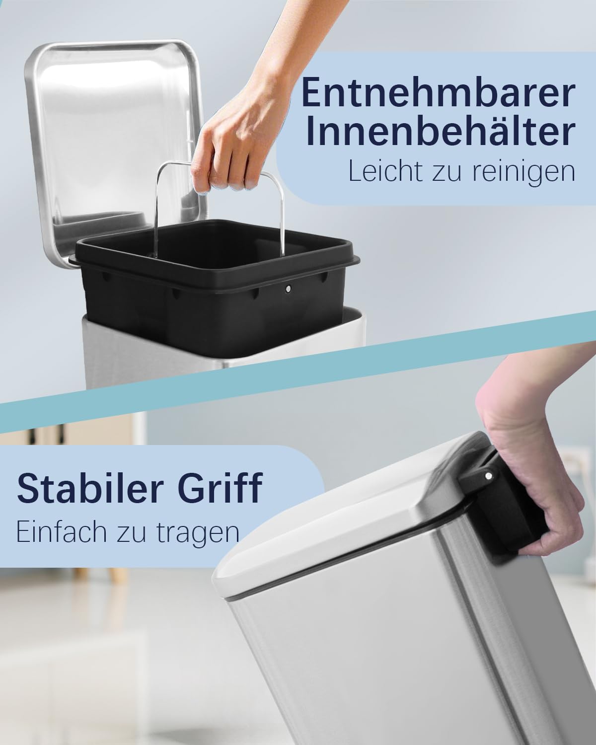 Mülleimer Küche, Schmaler Abfalleimer mit Deckel, Tretmülleimer | 30 Liter, Edelstahl Küchenmülleime mit Inneneimer, Küchenmülleimer mit Softclose-Deckel, Treteimer für Küche,Bad und Büro