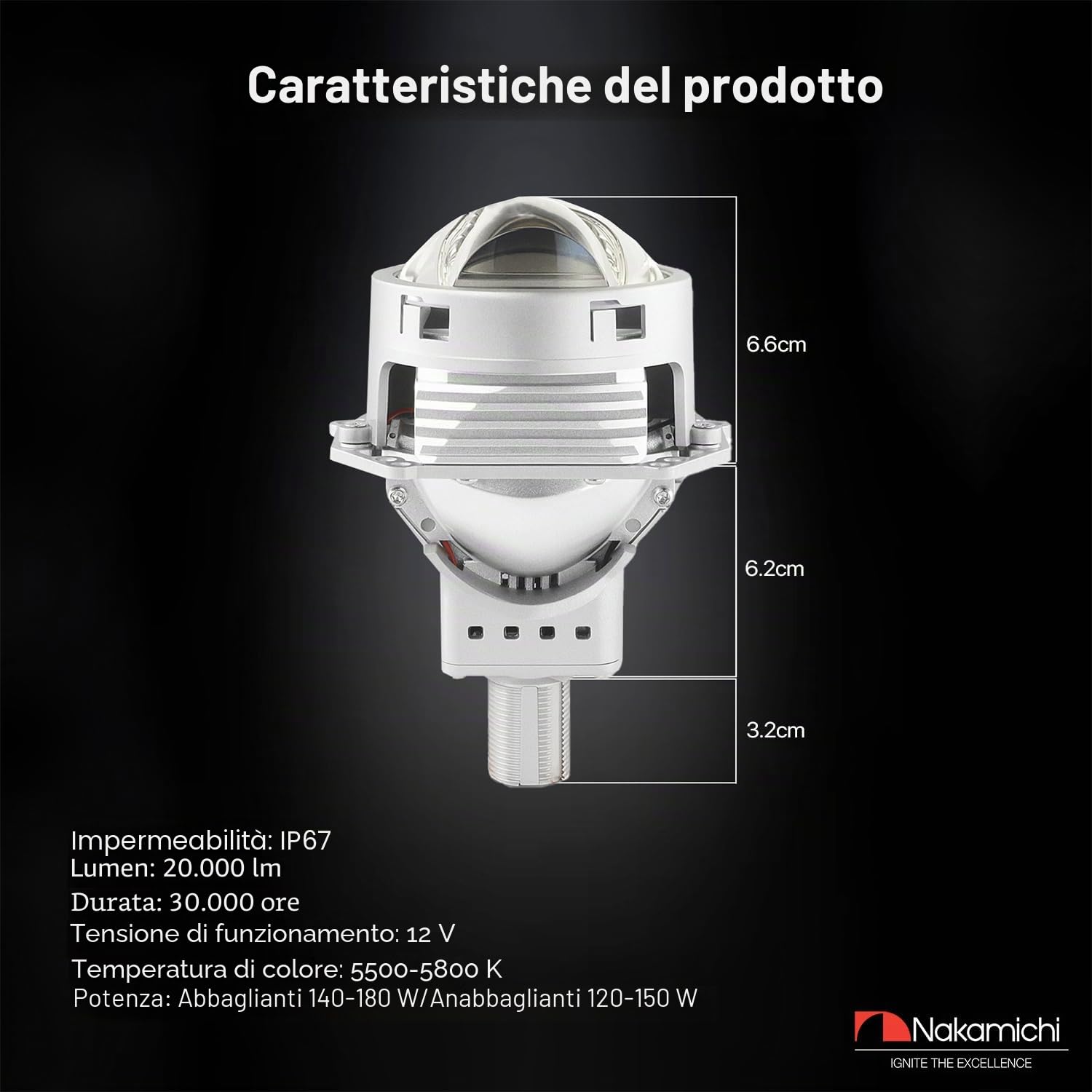 Nakamichi GM901 Series H4 H7 9005 9006 Lente del Faro Bi-LED a Proiettore, 3,0 pollici, 20.000 Lumen 100W per Set, Fascio Alto e Basso Retrofit, Confezione da 2 5800K