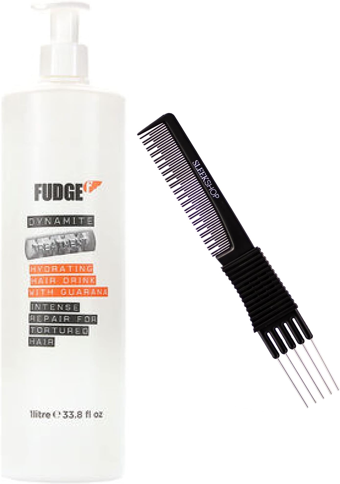 Fudge DYNAMITE Hair Treatment Conditioner, Hydrating Hair Drink with Guarana, Intense Repair for Tortured Hair (w/ Sleek Teasing Comb) (33.8 oz / 1 Liter with pump)