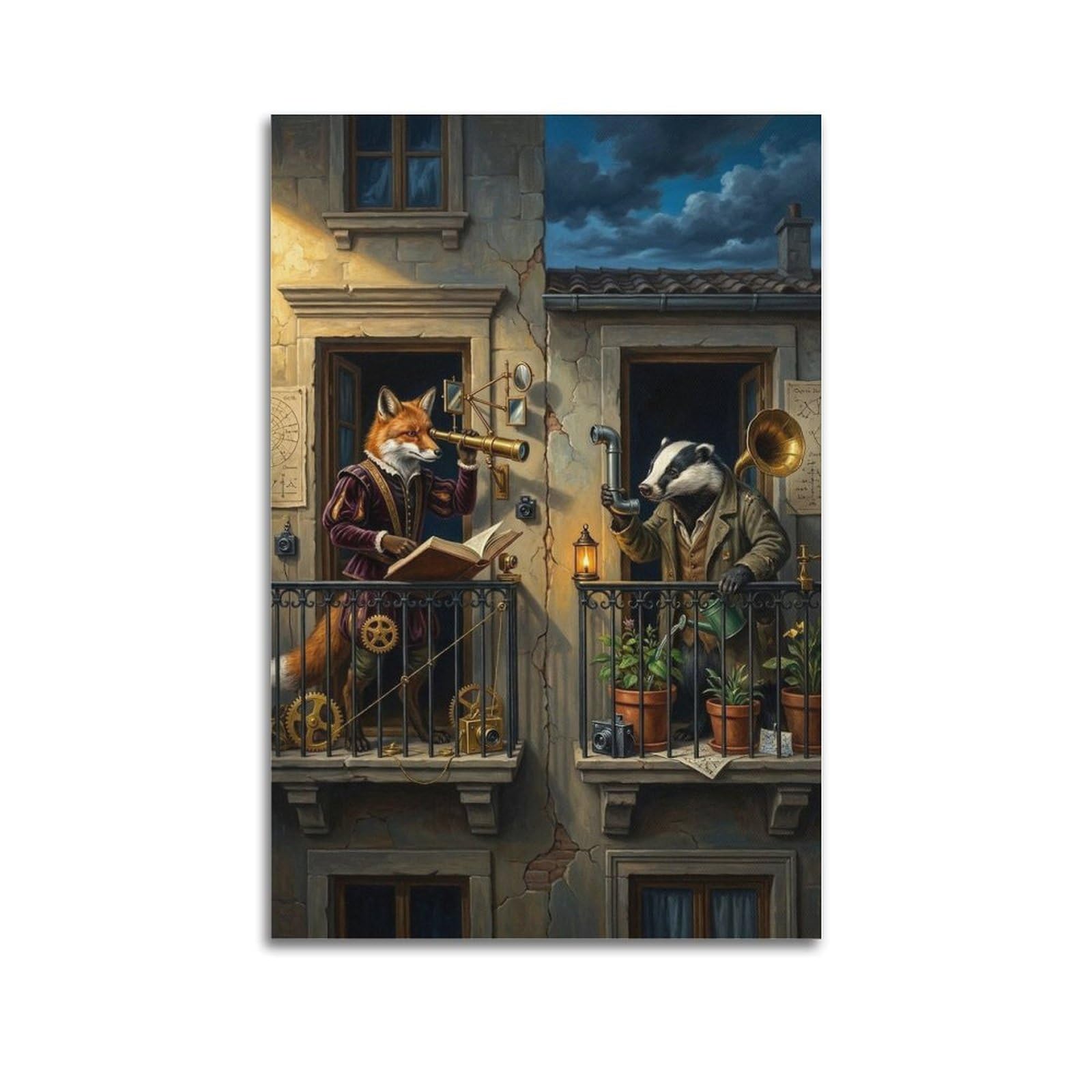 XKUGA Surreal Vintage Animal Poster Fox Badger Balcony Conflict Modern Decorative Canvas Prints - Ideal Wall Art for Family, Man Cave, Game Room, Boys & Girls Bedroom 24x36inch(60x90cm)