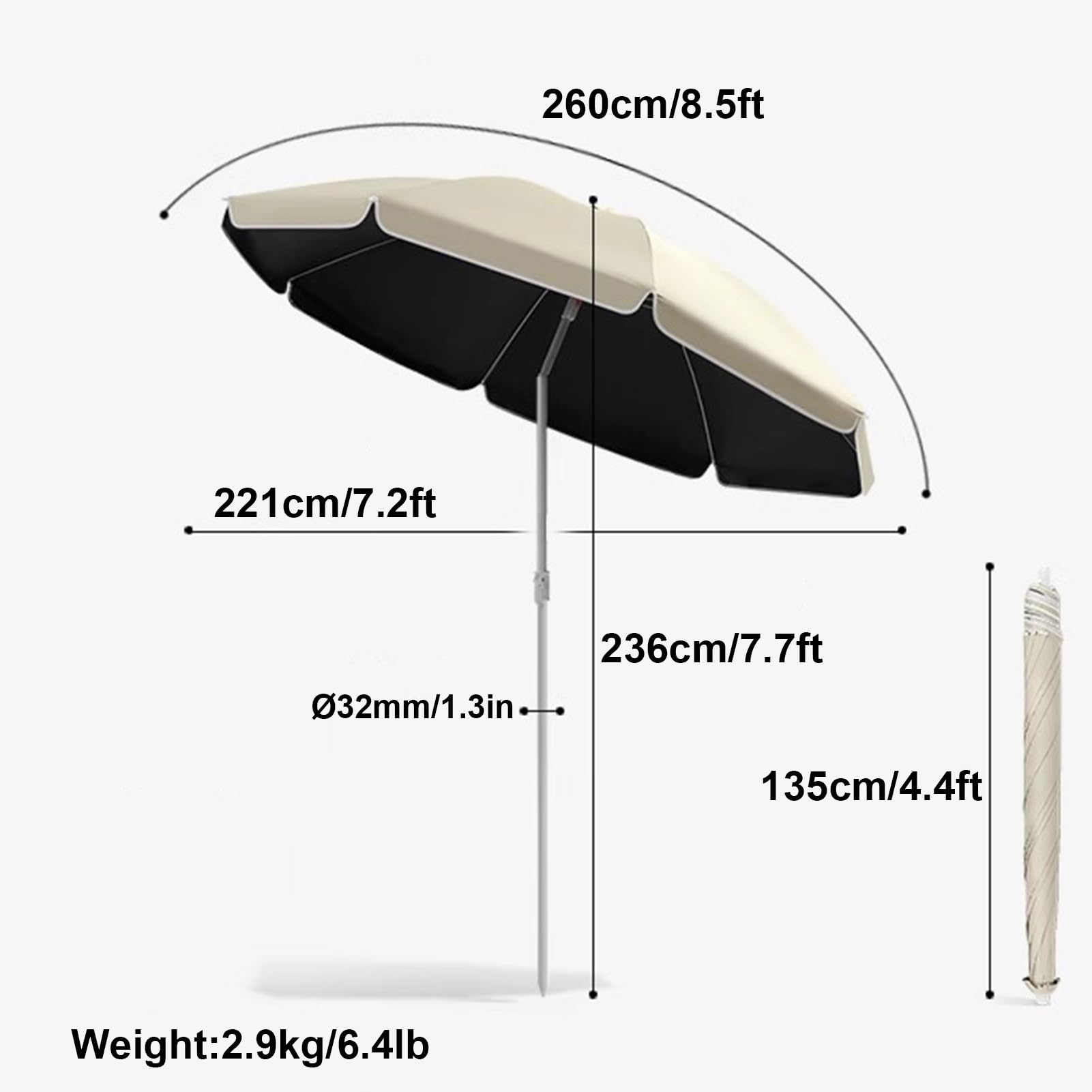 Parasol Ogrodowy Z Funkcją Pochylenia, Parasol Plażowy, Parasol Tarasowy, Ochrona Przeciwsłoneczna Upf 50+, Wodoodporny, Z Torbą Transportową,Beige-180cm/5.9ft