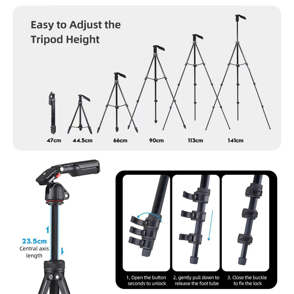 Andoer Treppiede macchina fotografica, treppiede per foto portatile da 141 cm in lega di alluminio girevole a 360° con maniglia Clip per telefono integrata per fotocamere DSLR Videocamere Smartphone