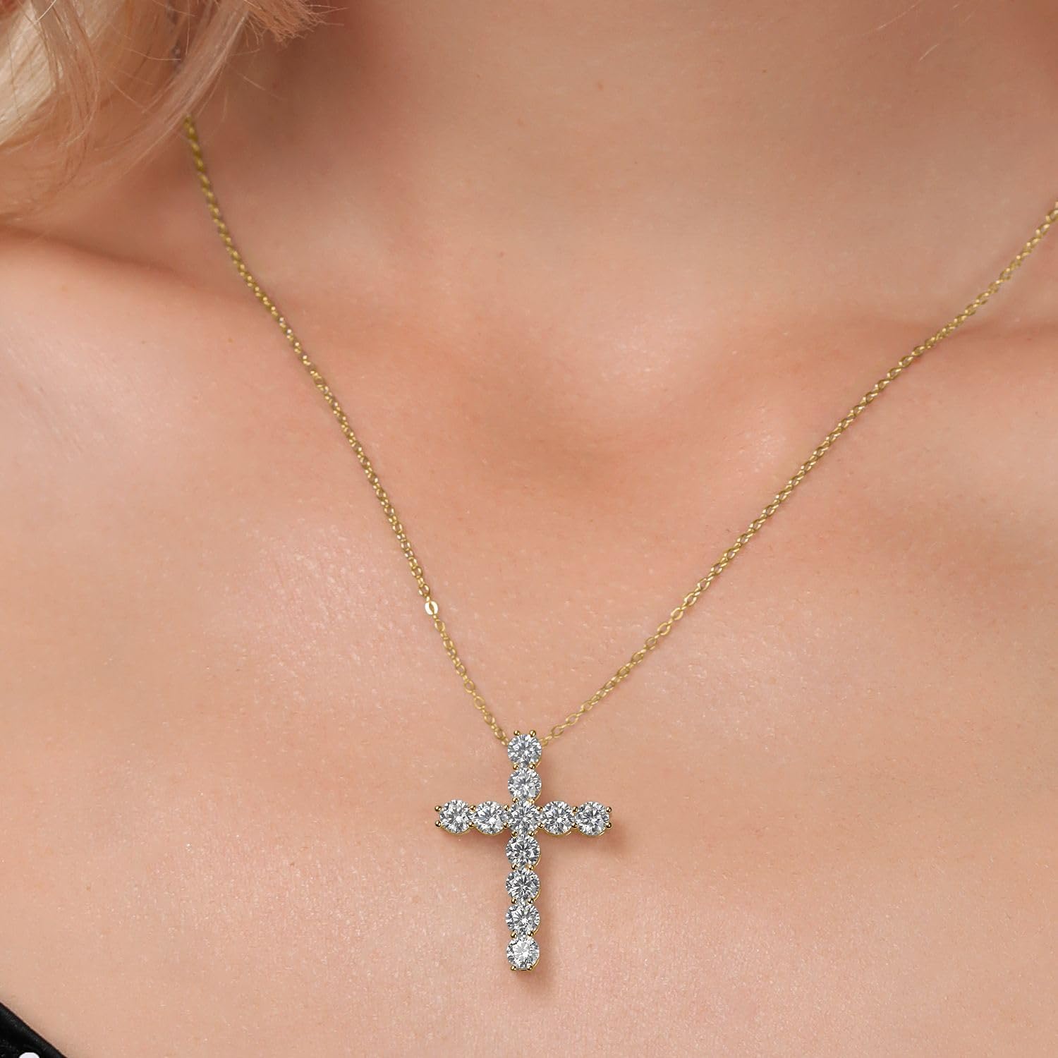 Gem Stone King Moissanite Cross Necklace | 18K Yellow Gold Plated Silver | 2.53 Cttw | 1.20 Inch | Jesus Christian Religious Crucifix Jewelry Pendant Necklace for Women | with 18 Inch Silver Chain - Image 3