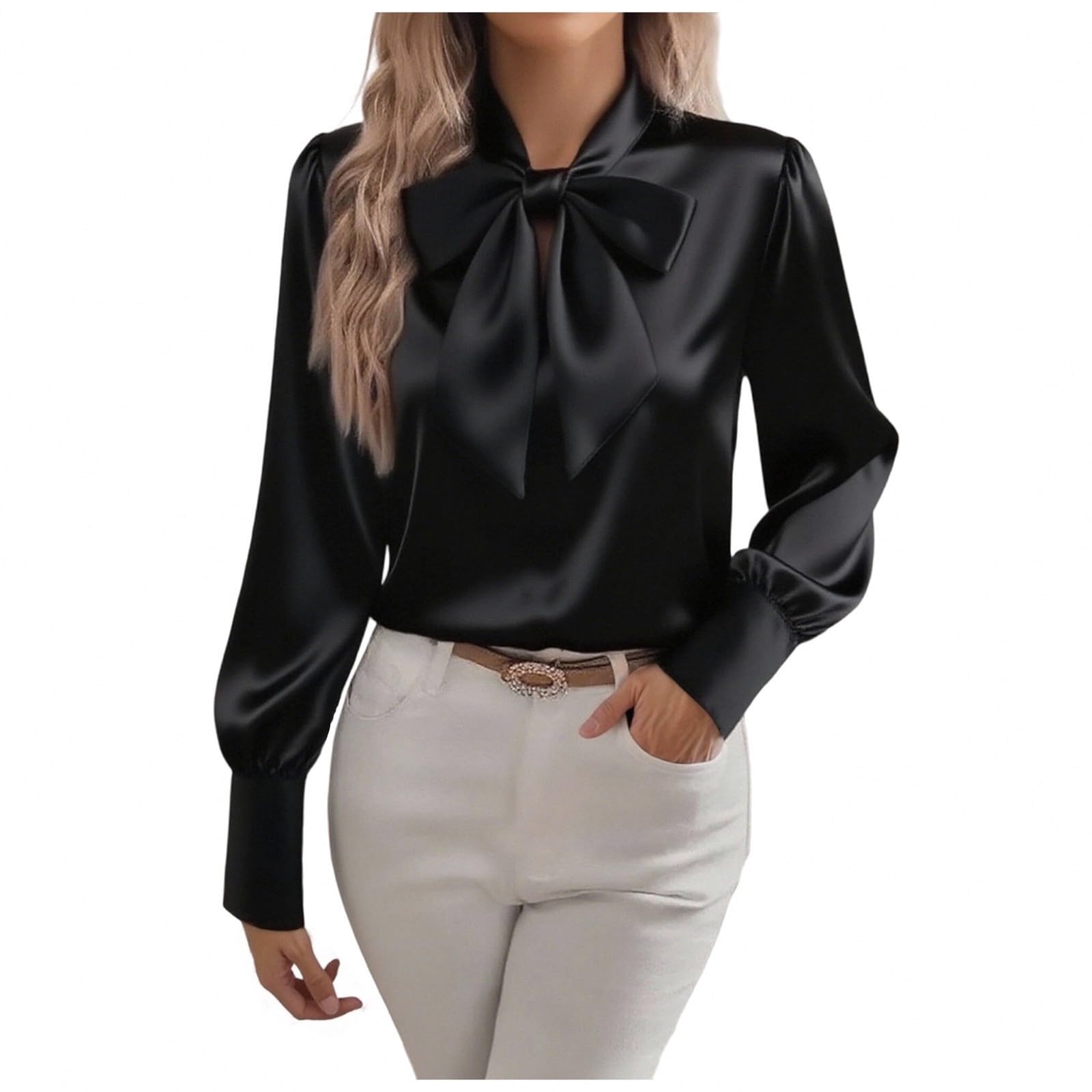 Womens Satin Silk Shirt Bow Tie Neck Blouse Long Sleeve Elegant