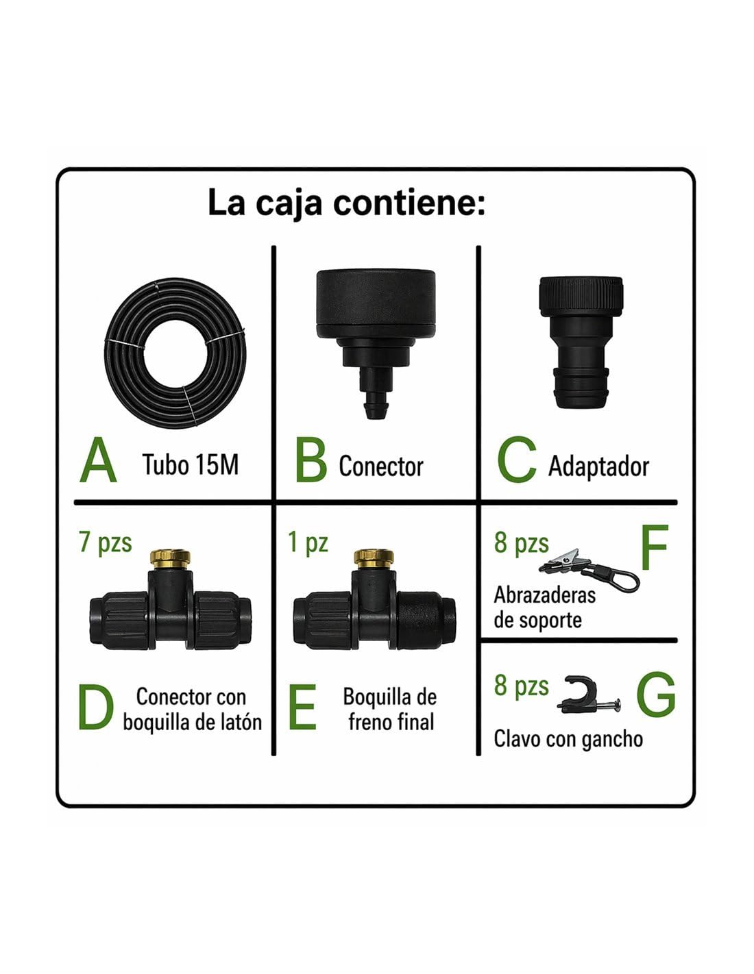 JARDIN202 - Kit Nebulizador de agua para Terraza, Pergola, Patio, Jardin o Invernadero | Boquillas de latón antical | 7 Boquillas | 30m (Gris)