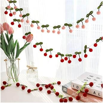 Cherry Garland Felt Decoration 2.3 m Pompom Fruit Chain in Red Pink Burgundy with Green Leaves Pack of 3 Multi-Colour
