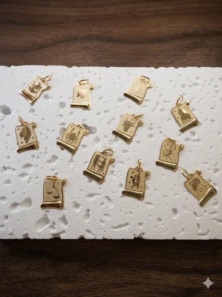 Rodium - Goldene Anhänger, mit Sternzeichen, 14 Karat Gold/ 585er Feingehalt, Charms für Halskette oder Ketten Armband, Ideales Geschenke, Kettenanhänger für Goldschmuck