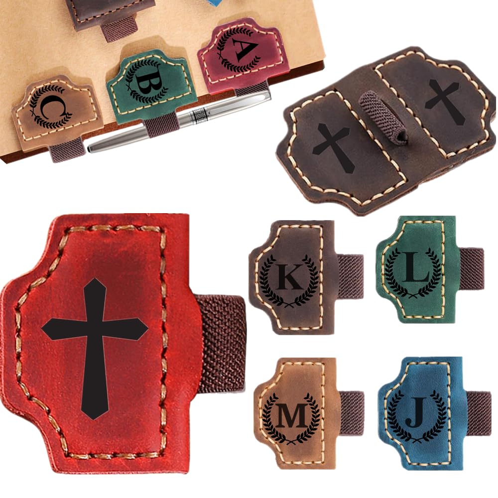 Custom Bookmark with Pen Holder with 26 Letters Personalized Magnetic Leather Book Mark, Customized Name Book Marker Clip with Initial for Men Women, Gifts for Book Lovers, Readers (Red, Cross-1)