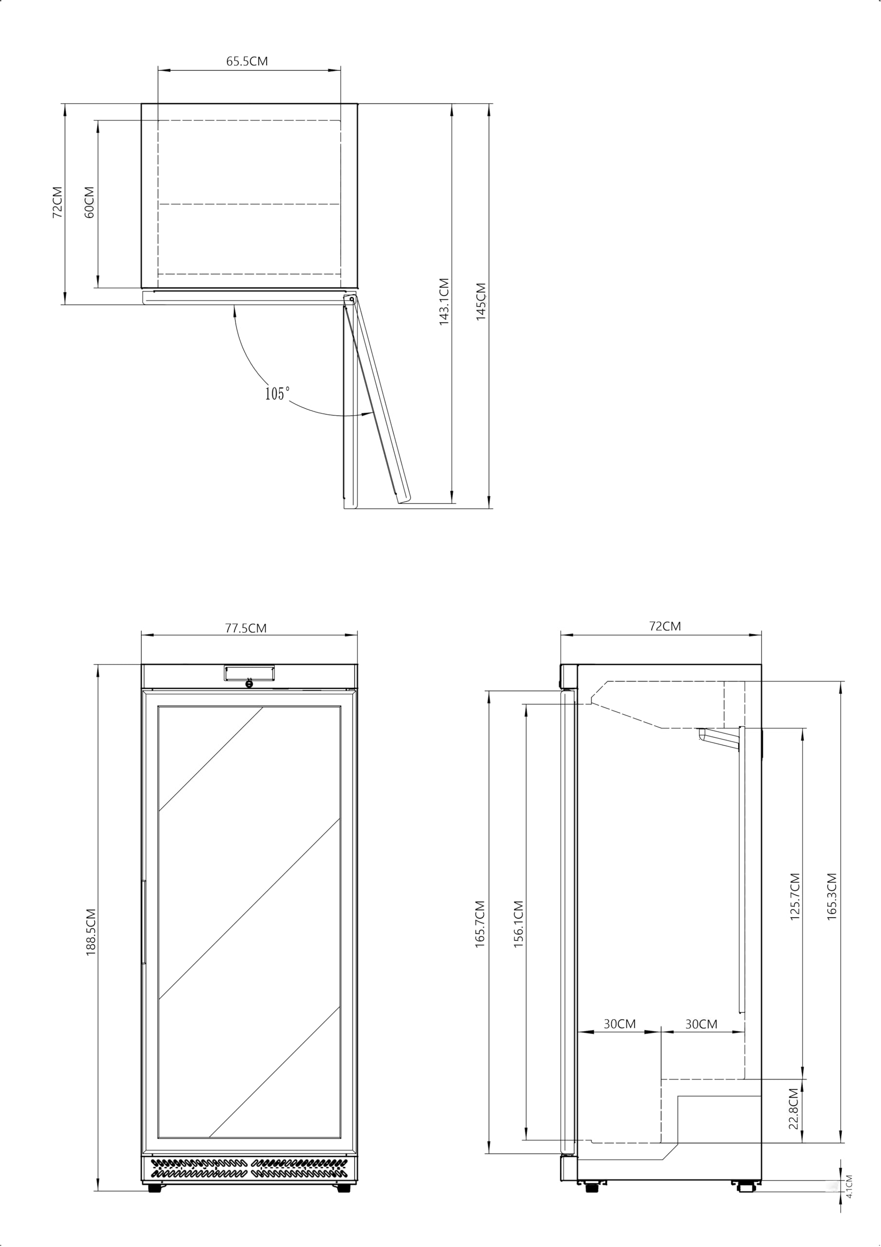 METRO Professional Congelatore con Porta in Vetro GFR6600G, 380L, 5 Ripiani, Illuminazione LED, Serratura, 2 Ruote, Bianco