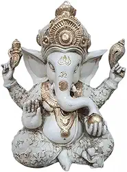 Estátua de Ganesha Branca, 31 cm de Altura, Deus Hindu da Fortuna e Prosperidade
