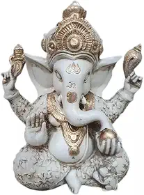 Estátua de Ganesha Branca, 31 cm de Altura, Deus Hindu da Fortuna e Prosperidade