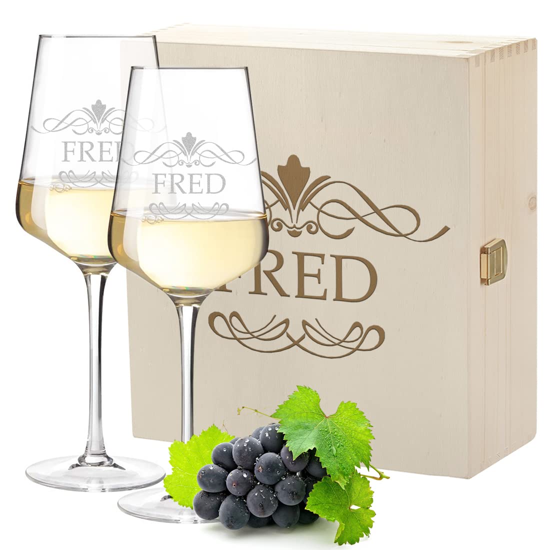 3-tlg Weinset mit personalisierter Wunschgravur - Motiv Ornament - 2x Leonardo Weißweingläser Puccini 560 ml, 1x Holzkiste - nachhaltig - Echtholz - DIY Geschenk - Geburtstag, Weihnachten