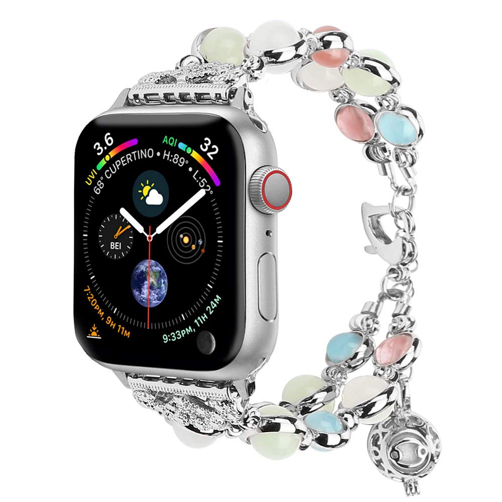 Light Compatible with Apple Watch Band, Elastic Beaded Night Luminous Pearl Beautiful Women Girl Band Strap Compatible with iWatch Series7 Series6 Series5 4 3 2 1