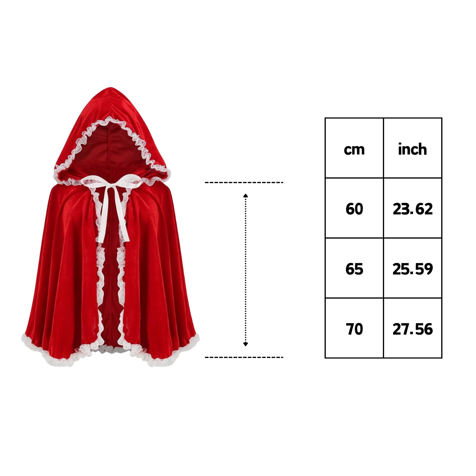 RRCBMD Little Red Riding Hood Cape Velvet Cloak for Halloween Christmas Cosplay Party White lace-bright red-M-25.59 inch - Image 3