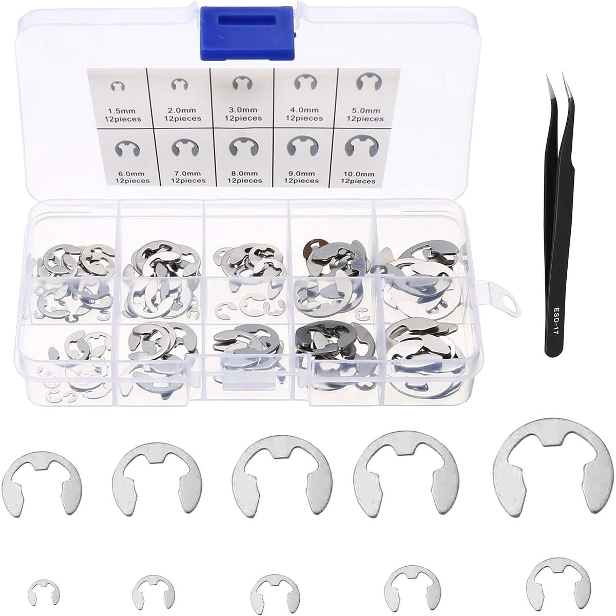 Kiuiom Internal Retaining Ring, E-Clip External Attachment, Stainless Steel Precision Tweezers, Circlips Snap Ring, Snap Rings E-Clip with Box, Locking Washers Shafts, Pack of 120