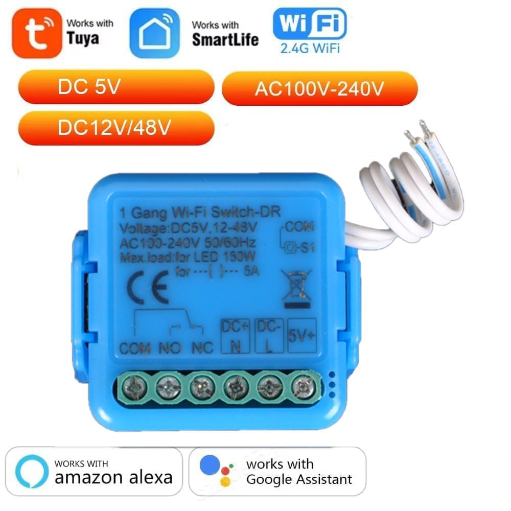 Inteligentny moduł przekaźnika WiFi, inteligentny przełącznik DC 12-48 V/AC 100-240 V, kompatybilny z Alexa i Google Home (1 kanał)