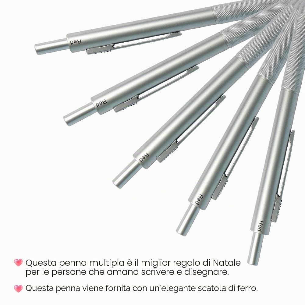 Penna a sfera multifunzione 4 in 1 ricaricabile retrattile con matita meccanica 0.7 mm inchiostro nero rosso blu Argento