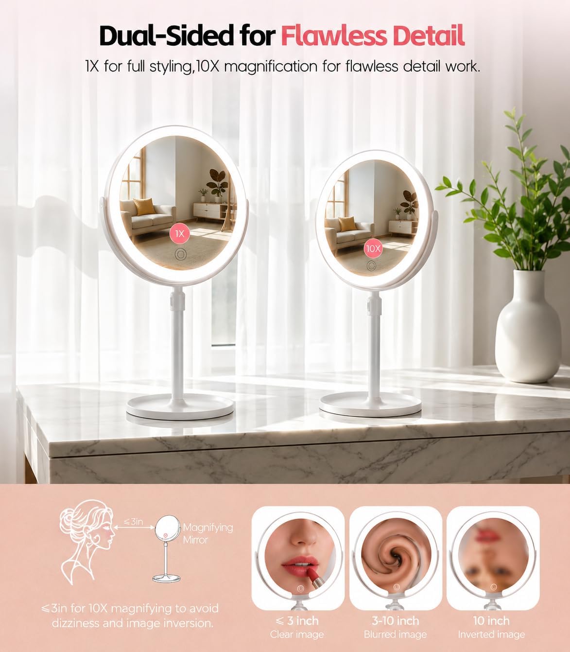 Makeup Mirror with Lights, 1X/10X Double Sided Magnifying Vanity Mirror
