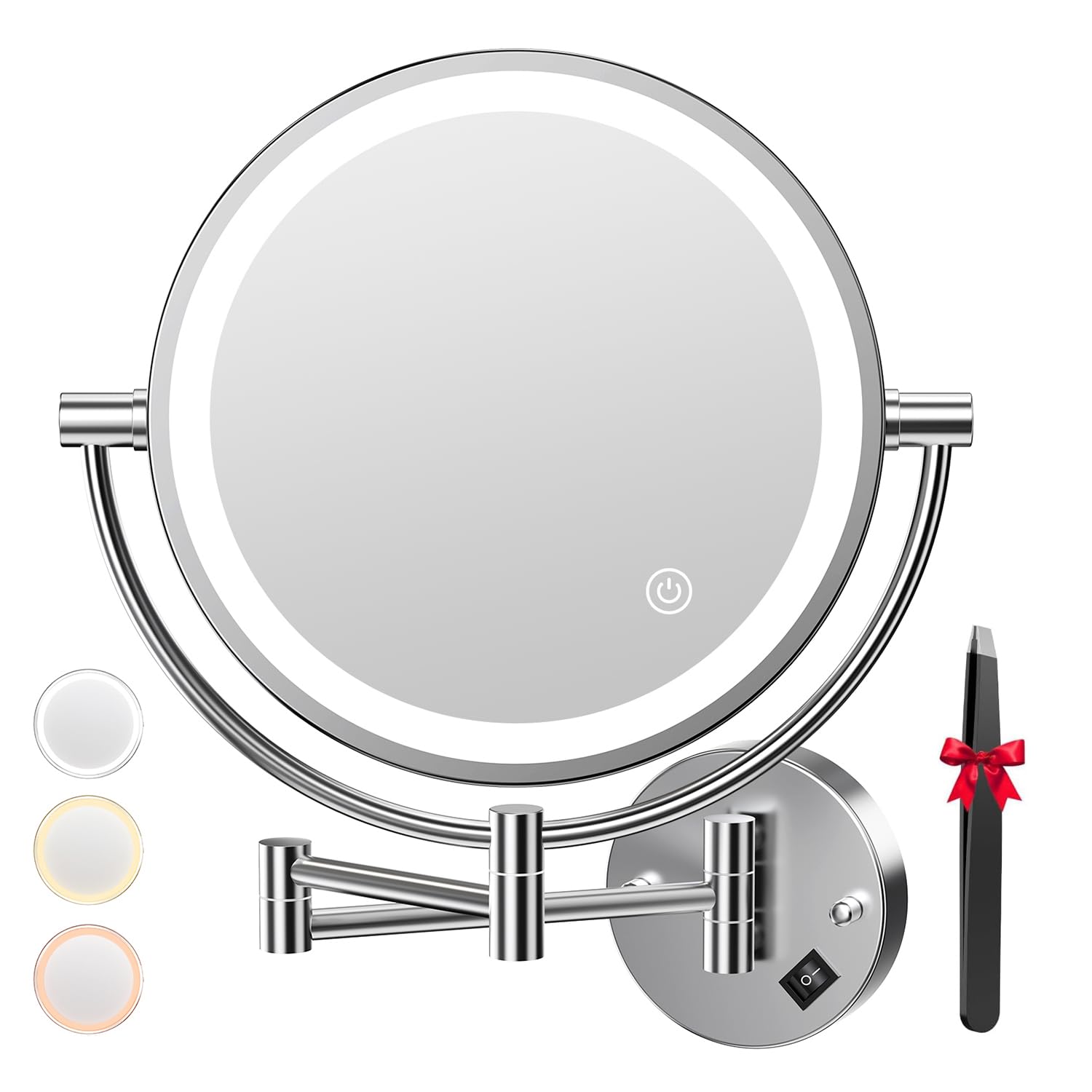 Auxmir Espejo Maquillaje con Luz Pared, Aumento 1X/30X Doble Cara Giratorio 360, Espejo Baño Extensible Táctil con Enchufe, 3 Colores Brillo Regulable, para Hotel, SPA, Plata