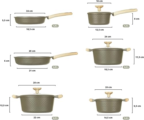 Miniatura 7 de Bambù - Juego de utensilios de cocina, ollas y sartenes de aluminio fundido a presión, sartenes y cazuelas antiadherentes, seguro para inducción,