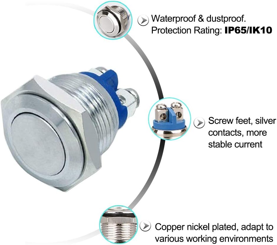 FICBOX 8pcs 16mm/0.63inch Metal Momentary Push Button Switch for Car RV Truck Boat (Silver, 16mm)