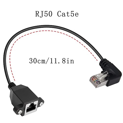 Miniatura 5 de QIANRENON Cable de extensión Ethernet de montaje en panel RJ50 10P10C de 90°, 10P 10C hembra a macho en ángulo recto, Cat5E, blindado, 11.8 in/11.8