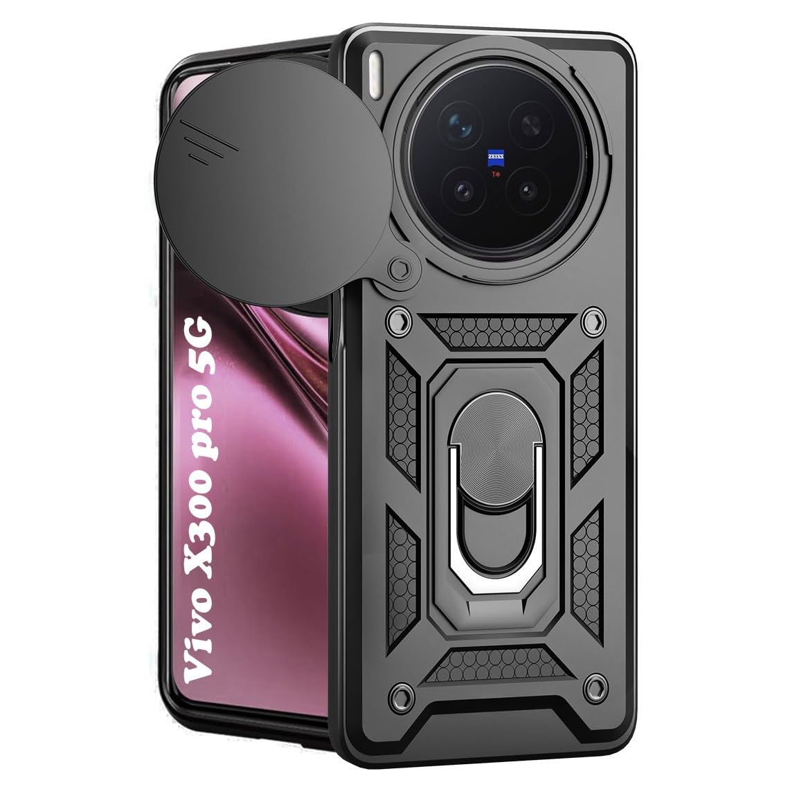 Tough Armor Bumper Back Cover Case for Vivo X300 Pro 5G | Sliding Camera Cover, Kickstand & Ring Holder 360 Degree Protection Back Cover Case for Vivo X300 Pro 5G - Black