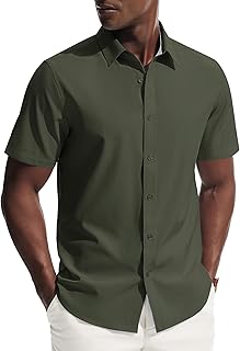 Mens Short Sleeve Dress Shirts Stretch Wrinke Free Untucked Business Casual Button Down Shirt Regular Fit