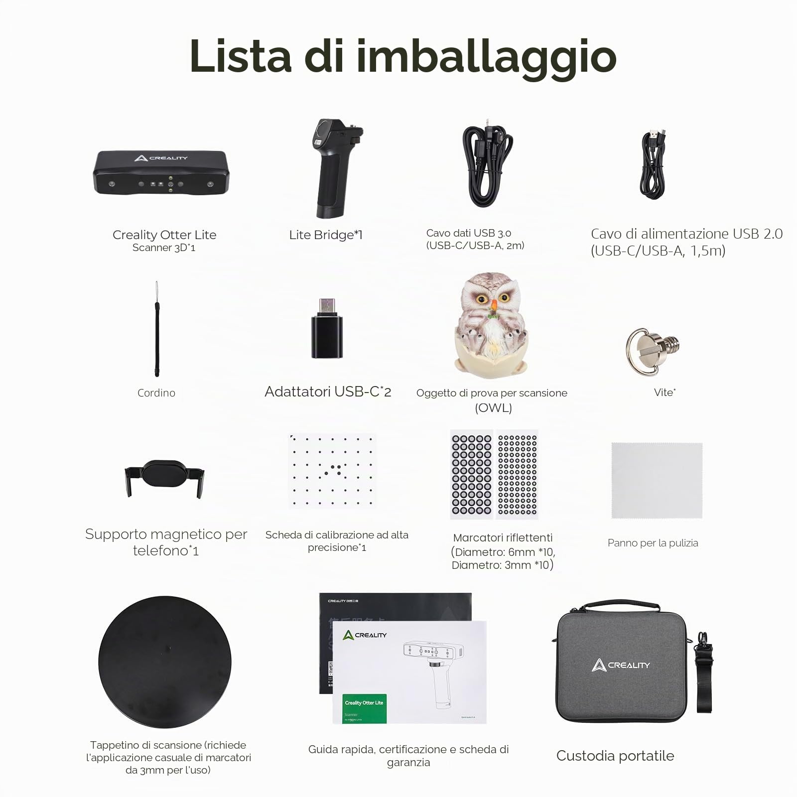Creality Otter Lite 3D Scanner, Scansione Wireless Wi-Fi 6, Scanner 3D Handheld, Alta Precisione 0,05 mm, Scansione 30 FPS, Compatibilità con Oggetti Dimensioni (da 20 mm³ a 2000 mm³)