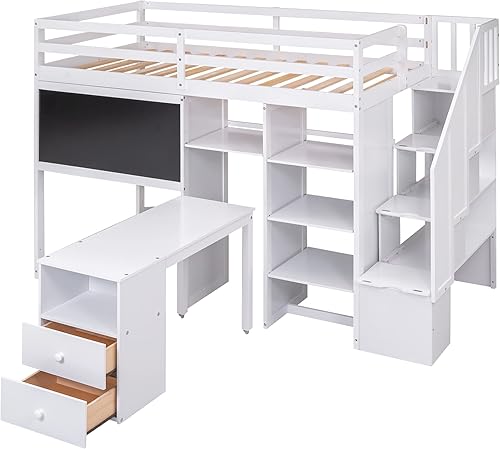 Miniatura 42 de Quarte Cama alta multifuncional, cama alta tamaño matrimonial con escritorio integrado y estantes de almacenamiento, dos cajones y escalera de