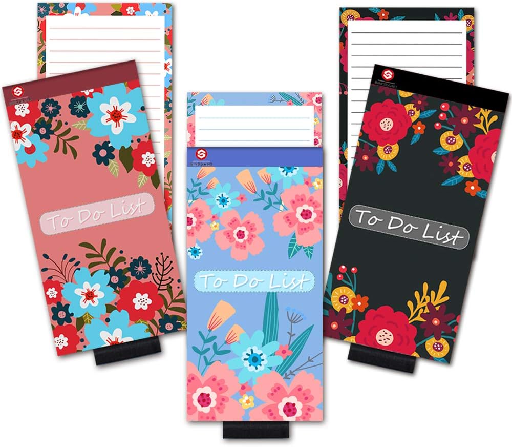 Magnetic Notepads with Pen Holder and Cover for Refrigerator, Grocery Shopping To Do List Notepad for Fridge, Full Magnet Back Memo Pad Reminder, Flower Designs, 4x8 Inches, 60 Sheets, 3 Pack