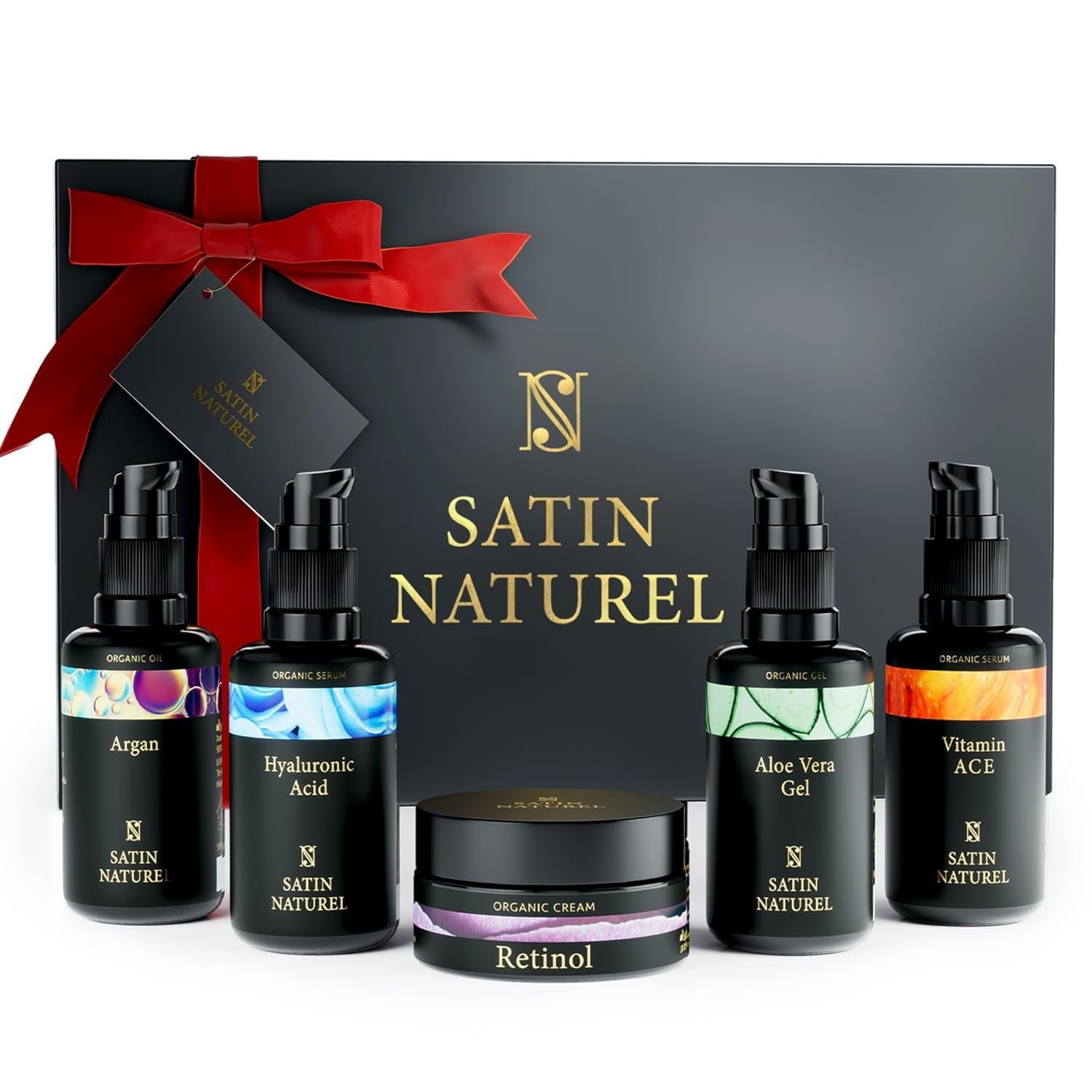 Satin Naturel Geschenkset für Sie – Skincare Routine mit Aloe Vera Gel, Arganöl, Vitamin C Serum, Hyaluron Serum & Retinol Creme – Vegan in Luxus Geschenkbox – Premium Edition