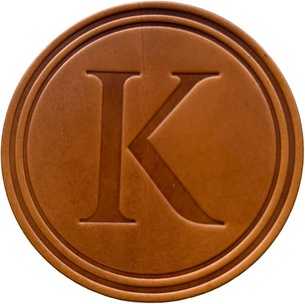 Monogram Leather Coaster – 4" Round Personalized Drink Coaster with Initial Letter – Gift for Home, Bar, or Office (Medium Brown, SET of 4)