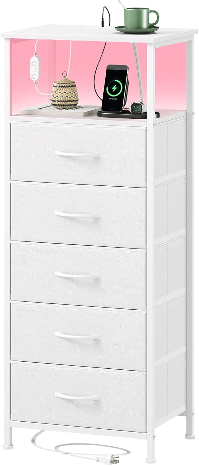 Somdot White Nightstand with Charging Station and LED Light for Bedroom, Tall 5 Drawers Dresser with Fabric Bins for Bedside Kids Dorm Room Closet Laundry Entryway, White Leather 11.8"D x 15.7"W x 39.8"H (5 Drawers) White Leather 1