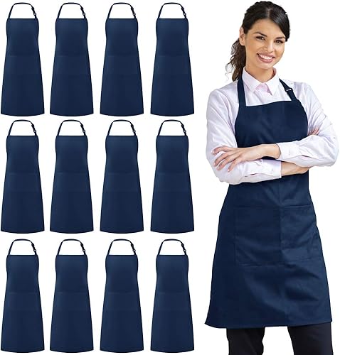 Syntus Paquete de 12 delantales con peto, delantales unisex, ajustables, resistentes a las gotas de agua, con 2 bolsillos, delantal de cocina para