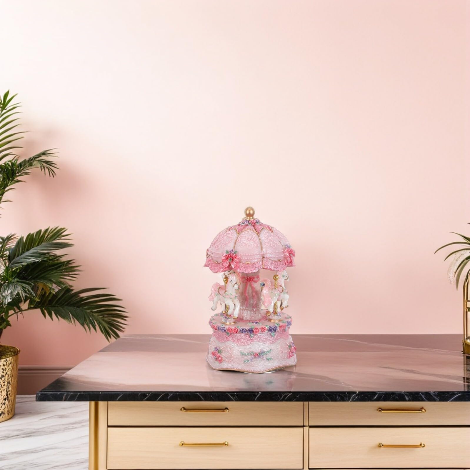 Carillon Giostra con Cavalli, 3 Cavalli, Resina, Rosa | Luci LED Colorate, Melodia Classica Rilassante, Centro Tavolo Natalizio, Regalo Compleanno Ragazze
