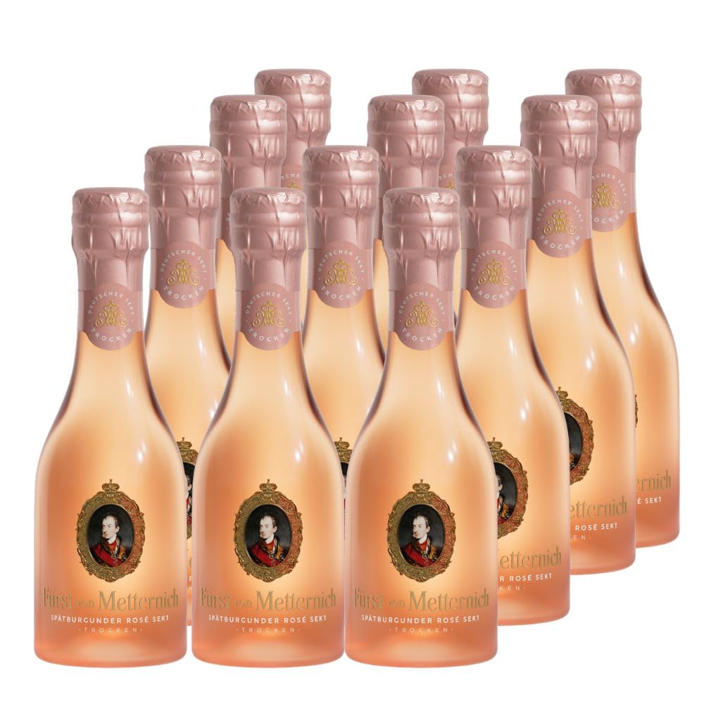 Fürst von Metternich Rosé Sekt Trocken (12 x 0,2 l) Hochwertiger Rosé Piccolo aus hellgekelterten Spätburgunder-Weinen, in praktischer Kleinflasche, aus ausgewählten deutschen Weinbaugebieten