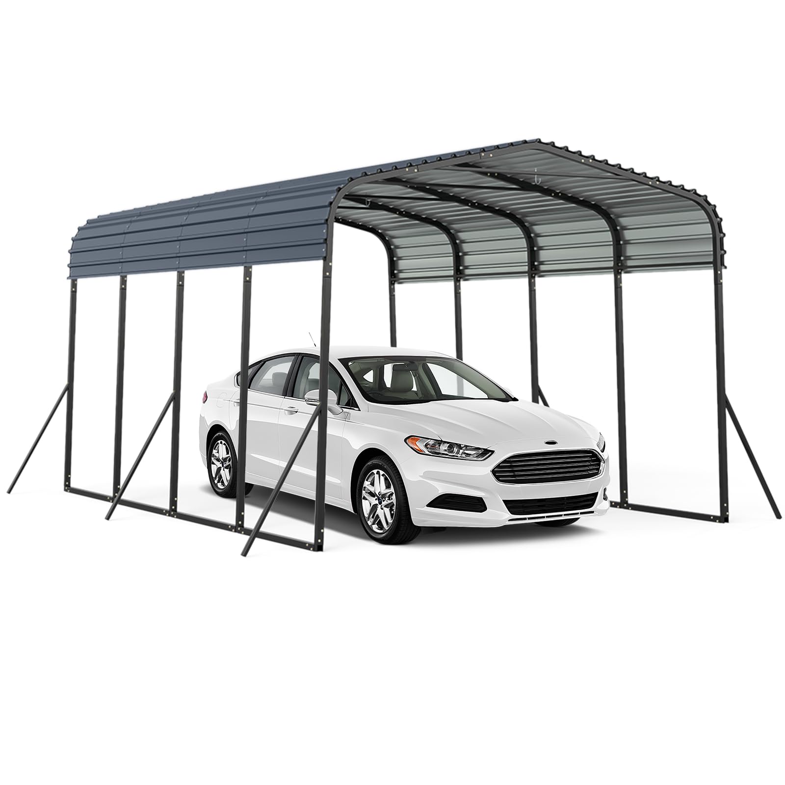 GOPLUS Cobertizo de Coche de Metal, 440 x 300 x 250 cm, Refugio de Vehículo con Techo Duro, 4 Patas Inclinadas y Anclajes de Fijación para Exteriores, Carpa Al Aire lIbre para Camiones, Tractores, Suv