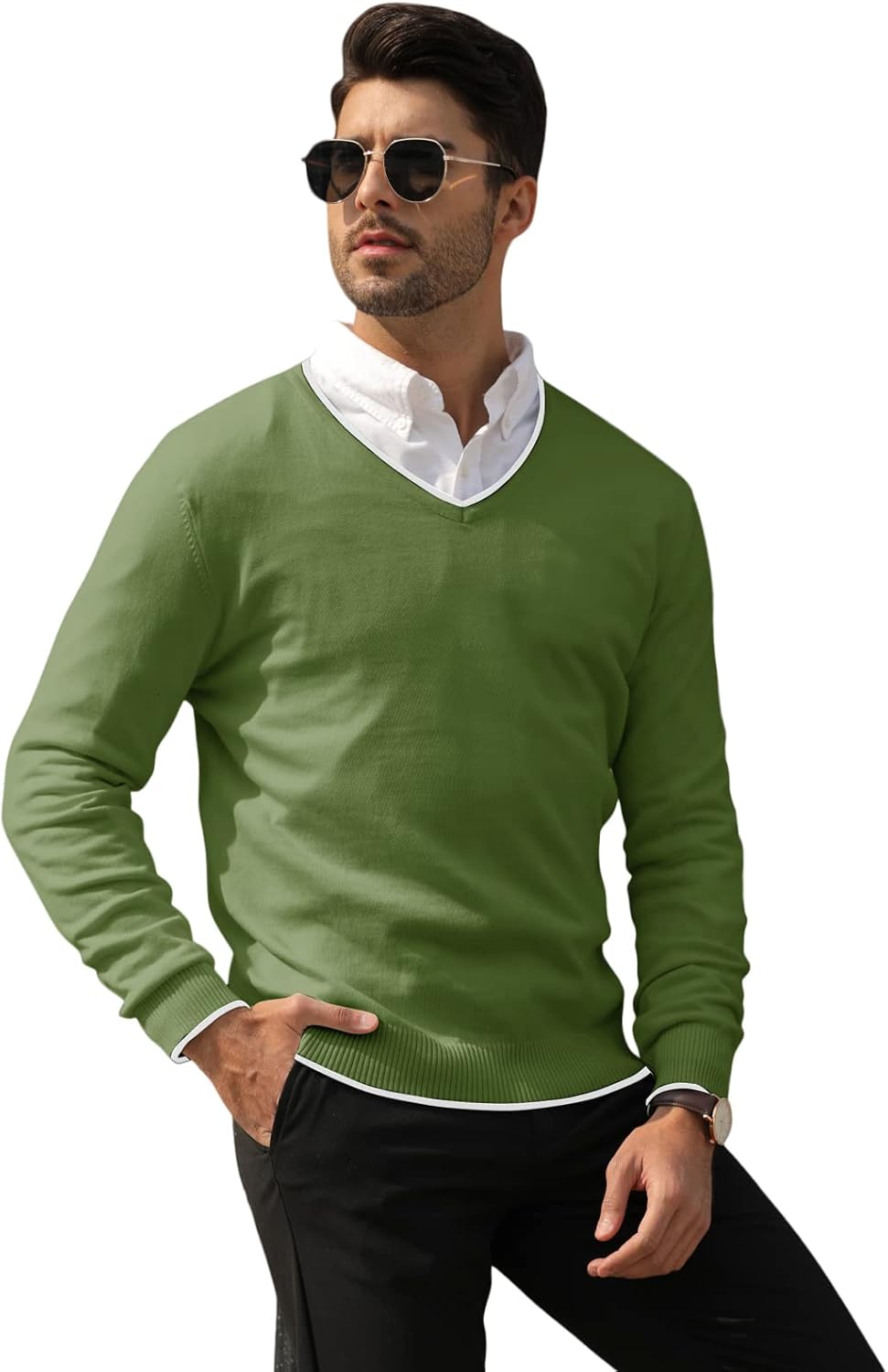 Esobo Men's Cotton V Neck Sweater Knitted Jumper Sweater Long Sleeve Pullover Top - Image 2