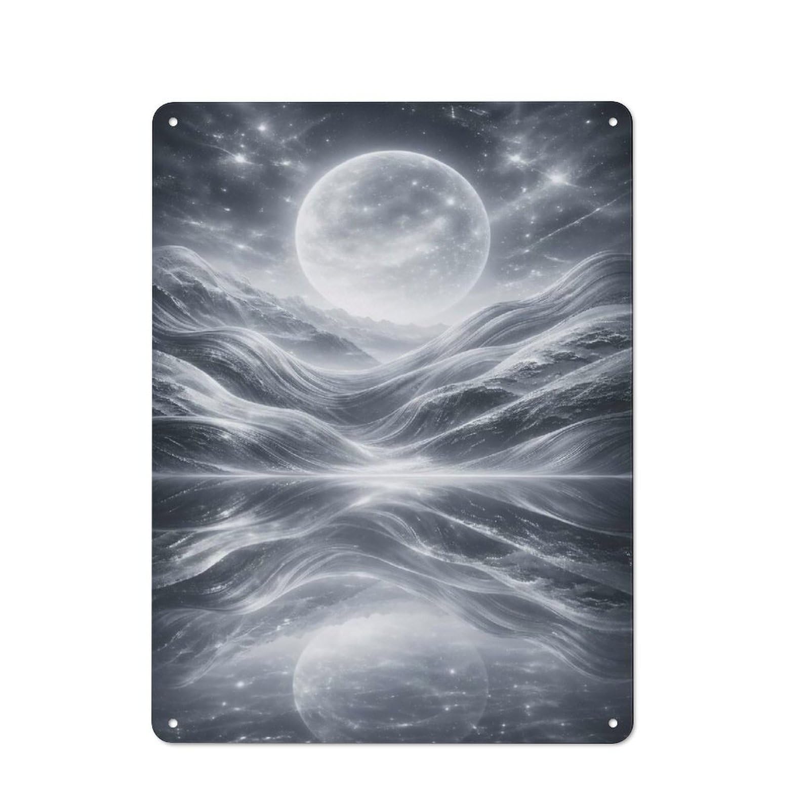 Junmoney Style-19 Garage Style Decorative Metal Plaque 40X30cm Featuring Surreal Moonlit Landscape Reflection, Garage Wall Decor For Garage, Workshop, Shed Or Utility Room