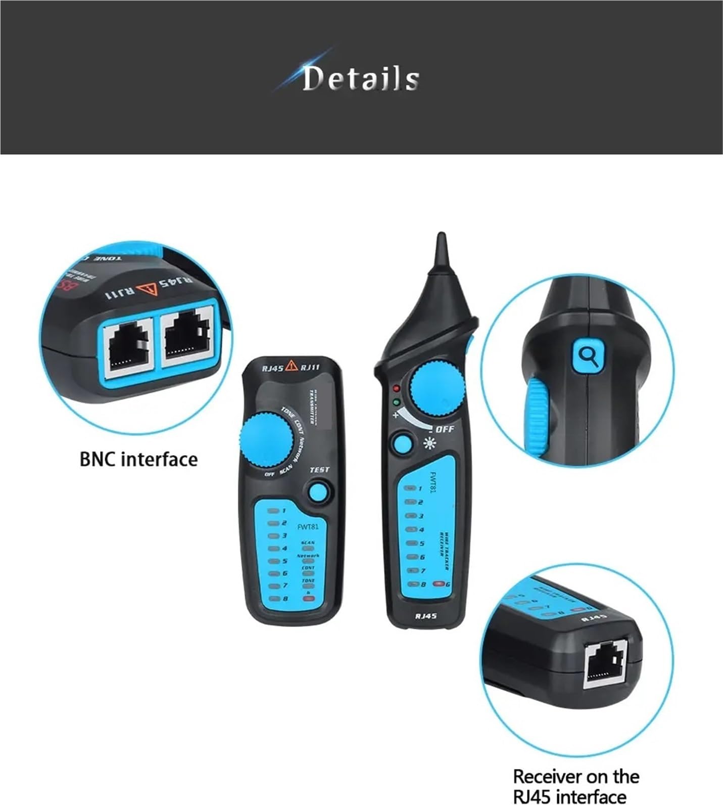 Tester Sieci, Lokalizator kabli sieciowych Detecteur FWT81 RJ11/45 Lan Ethernet Tester przewodów telefonicznych Narzędzie telekomunikacyjne Praca pod napięciem 48 V