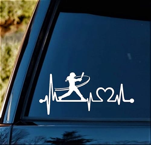 Girl Batter Batting Heartbeat Lifeline Decal Sticker - Baseball Gifts For Women