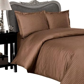 Cotton Stripes 3pcs Duvet Cover Set90x102 and 2 Pillow Cases20x40 Inch Each, King Size, Coffee