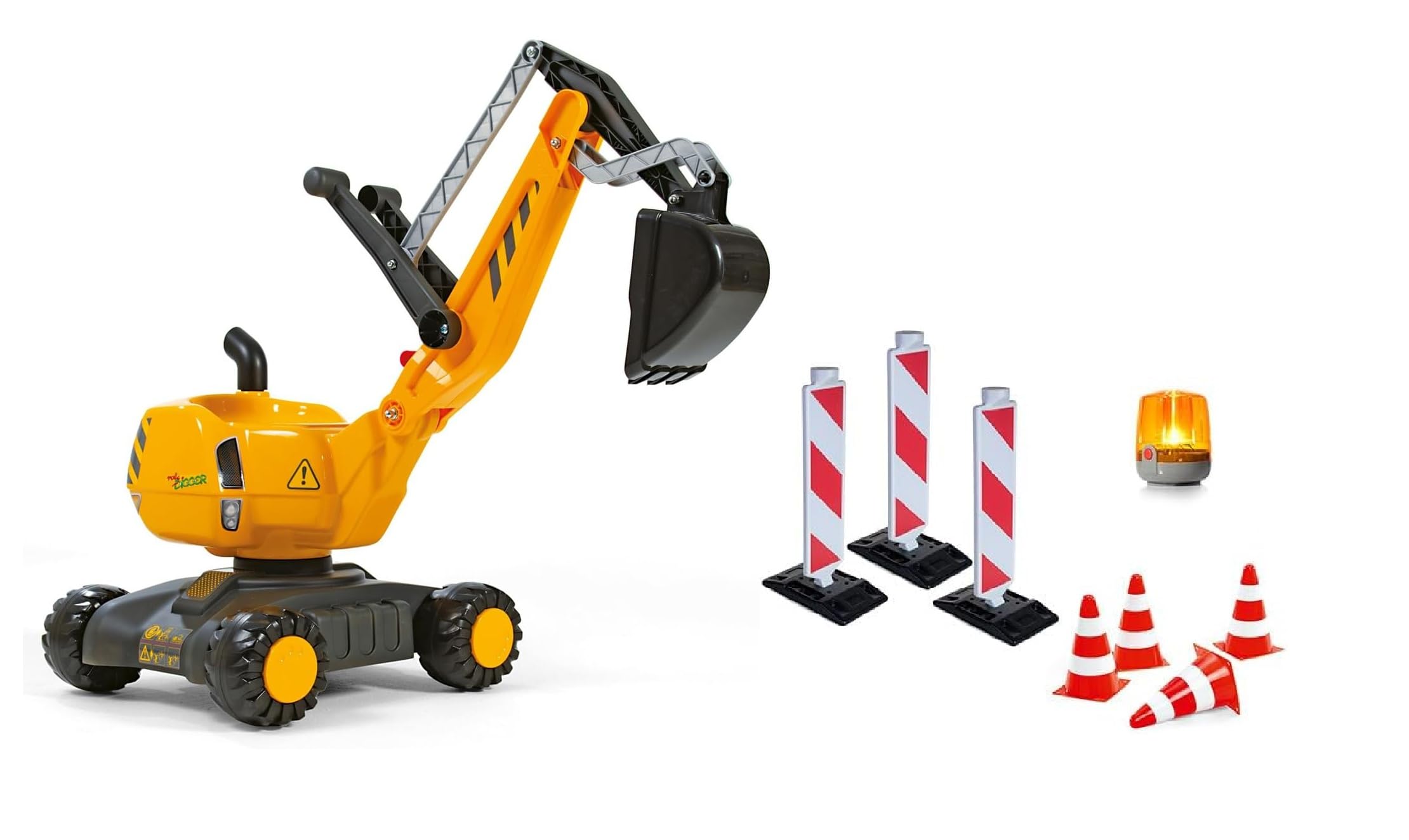Rolly Toys Baustellenset mit rollyDigger und Sicherheits-Zubehör (Set mit Bagger, 3 Leitbaken, 4 Pylonen & Blinklicht, drehbar, ab 3 Jahren) 421220