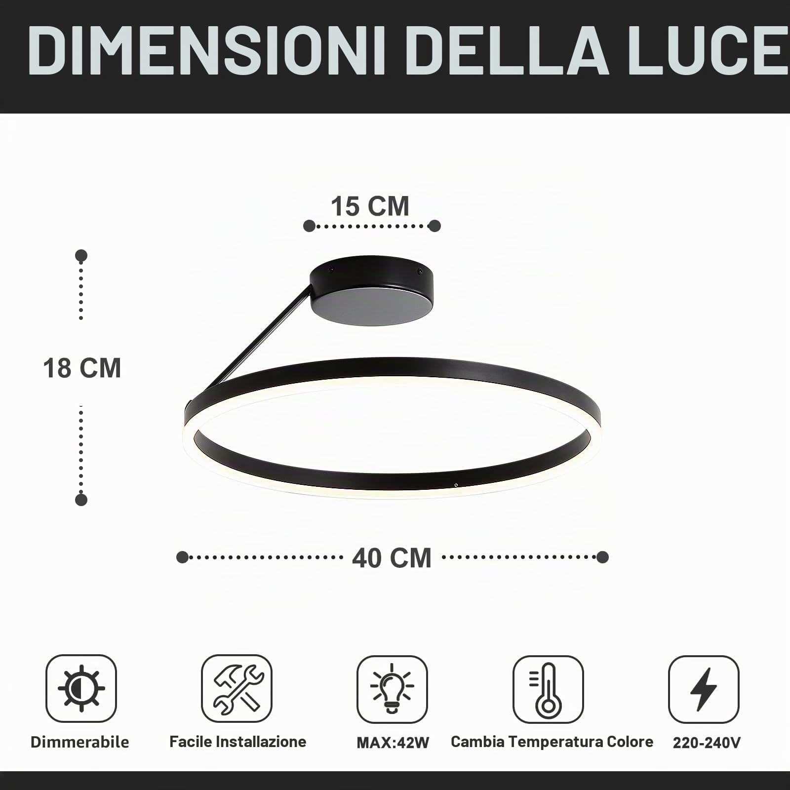 Plafoniera Circolare Lampadario Circolare a LED Lampadari Moderna Semplice Plafoniere Nera Dimmerabile Adatta per Soggiorno Sala da Pranzo camera da Letto Cucina Corridoio Ingresso 40cm